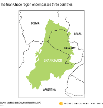 大查科地区横跨玻利维亚、阿根廷和巴拉圭的地图。