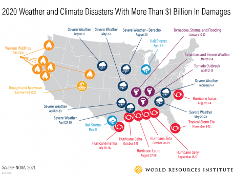 这张图表解释了2020年美国的天气和气候灾害，这些灾害在全国造成了超过10亿必威官网是真的吗美元的损失。