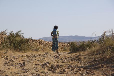 埃塞俄比亚，一名年轻女子挑水回家。