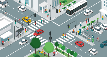 一个组织良好的十字路口的数字插图，包括个人车辆和公共交通工具